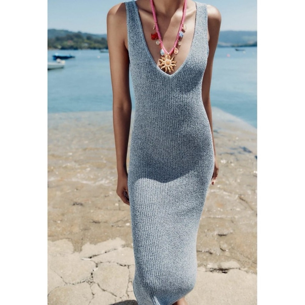 Zara Knit Blue V-Neck Midi Dress Size Medium - Picture 4 of 10